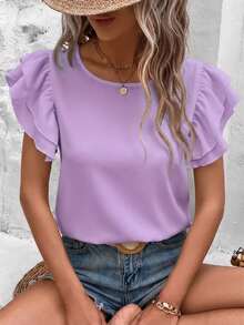 SHEIN Clasi قميص كاجوال بأكمام قصيرة وياقة مستديرة، لون أحادي، مناسب للمقاسات الكبيرة، صيفي - ارجواني - مشاهدة 1