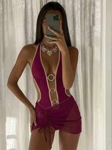 Swim Vcay Summer Vacation Sexy Fashion Tie-Dye Hollow Deep V-Neck One-Piece Swimsuit And Detachable Drawstring Mesh Cover-Up Skirt 2-Piece Swimsuit Set - Multicolor - View 3