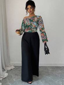 SHEIN Elenzya Bộ jumpsuit nữ cỡ lớn in họa tiết Paisley cổ điển, trễ vai, phối màu tương phản, ống rộng, phong cách thường ngày thanh lịch, phù hợp cho tiệc tùng, đi làm, bộ sưu tập xuân/hè mới về. - Nhiều màu - Xem 6