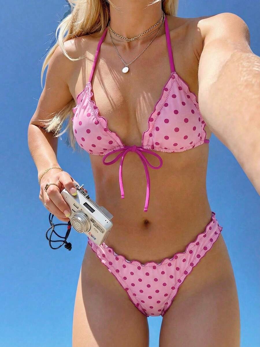 Swim Mod 女士夏季波点印花性感吊带蝴蝶结比基尼两件套泳衣沙滩度假套装 - 粉色 - 查看 1