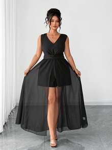 Elenzga 大码女士优雅休闲度假简约褶皱无袖腰部抽绳雪纺半透明拼接开衩下摆短裤连体裤 - 黑色 - 查看 3