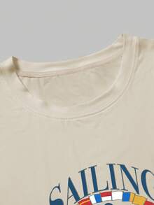 Manfinity LEGND 男士白色圆领短袖T恤，意大利元素印花，针织款式 - 卡其色 - 查看 4