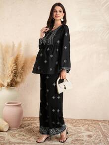 Momance Printed V-Neck Tie Top And Straight Leg Pants Elegant Maternity 2 Pieces Set - Black - View 6