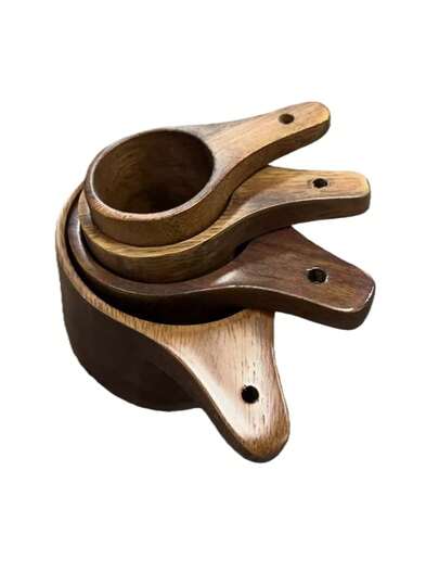 4 Pieces Wooden Measuring Cup And Spoon Set - Handmade For Baking, Cooking, Coffee, Tea And Dry Ingredients - Includes Spoons With Hanging Holes