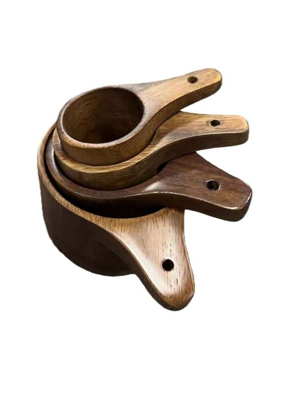 Bộ 4 món cốc và thìa đong bằng gỗ - Làm thủ công, dùng để làm bánh, nấu ăn, pha cà phê, trà và đong các nguyên liệu khô - Bao gồm thìa có lỗ treo.