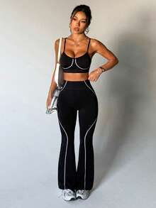 Slayform Bộ áo ngực và quần ống loe thể thao yoga co giãn cao cấp không đường may - màu đen - Xem 1