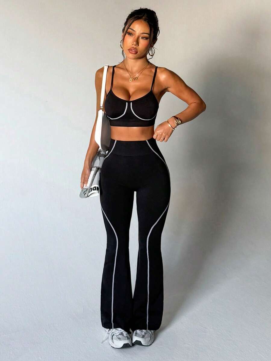 Slayform Bộ áo ngực và quần ống loe thể thao yoga co giãn cao cấp không đường may - màu đen - Xem 1