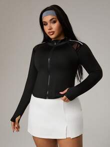 SHEIN Sports Veste de mode sportive grande taille, cardigan manche longue ajusté avec trou pour le pouce, patchwork asymétrique en maille floquée et blocs de couleurs - Noir - Voir 4