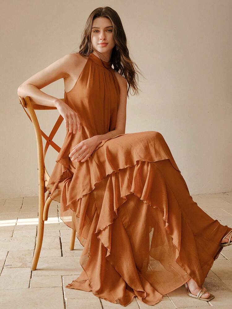 LIGHTWEIGHT ELEGANT BEACH VACATION HALTER DRESS, LUXURY GODDESS DRESS FOR SUMMER