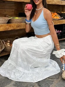 Selianne Women's A-Line Lace Patchwork Embroidered French Style Vacation Skirt, Beach Vacation Skirt - White - View 1