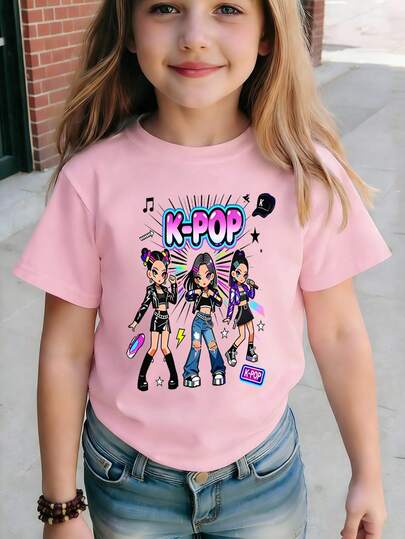 Girls' Casual Creative Personalized Fresh Cute Simple Fashionable Virtual Girl Group Star Music Symbol Neon Sign Colorful Graphic Letter Slogan Print Basic Short T-Shirt, Comfortable Daily Wear, Suitable For Spring, Summer And Autumn