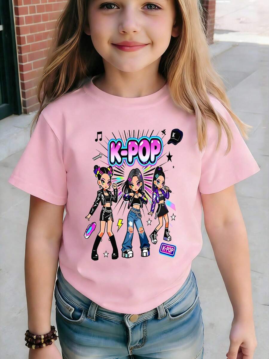 Cute Personalized Short Sleeve Daily Wear Tee - Pink - View 1
