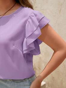 SHEIN Clasi قميص كاجوال بأكمام قصيرة وياقة مستديرة، لون أحادي، مناسب للمقاسات الكبيرة، صيفي - ارجواني - مشاهدة 5