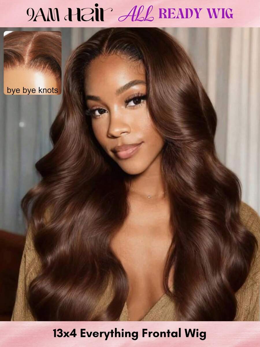 All Ready Wig 棕褐色混色 13x4 蕾丝前额假发,预处理蕾丝前额蓬松波浪卷发,100% 真人发假发,带隐形抽绳,修饰脸型,层次分明,易于佩戴,适合所有头围,透明蕾丝可染色,9AM Hair 出品 - S4 - 查看 1