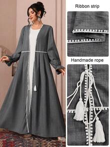 Al Najma Women's Elegant Ribbon Patchwork Tie-Up Gray Robe - Grey - View 2
