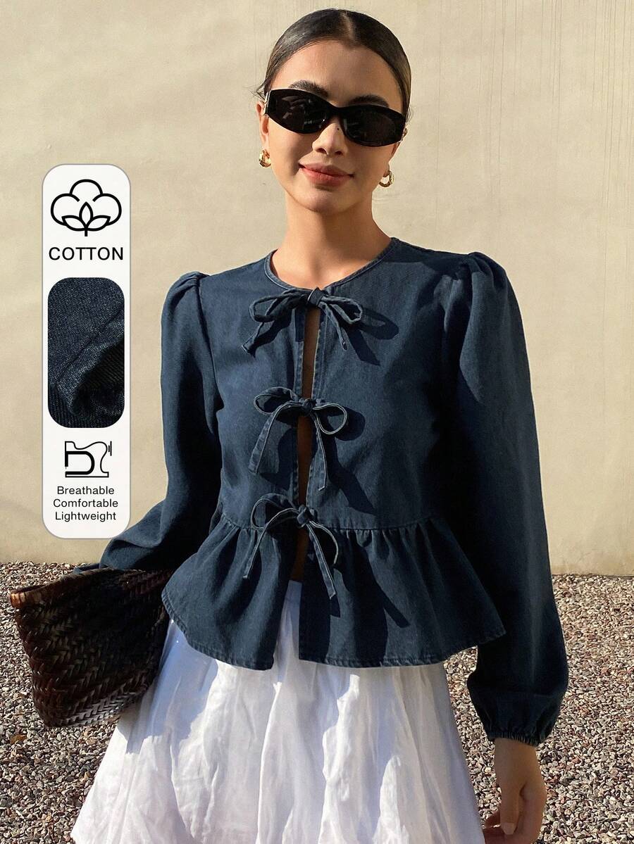 DAZY 女士灯笼袖前系带荷叶边下摆牛仔外套 - 藍色 - 查看 1