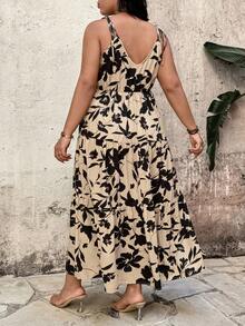 Breezaya Women's Khaki & Black Ditsy Floral Spaghetti Strap Backless Dress, Layered Flowy Skirt, Vacation/Picnic With Friends, Summer Beach Date Dress - Multicolor - View 2