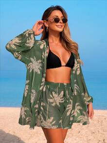 Swim Lushoire 女士沙滩度假套装，网纱面料椰树印花长袖罩衫上衣，印花抽绳短裤，罩衫套装 - 綠色 - 查看 3