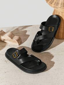SHUZIA #ComfortCraft Men's Buckled Toe-Loop Cross-Strap Soft-Footbed Premium Faux Leather Black Thong Slide Sandals – Supportive, Minimal & Versatile - Black - View 7