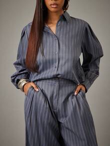 NYA SZN Mallory Matching Set Top And Pant Long Sleeve Oversized Loose Balloon High Rise Baggy Buttons Collar Drape Detail High Low Business Casual Event Everyday Wedding Brunch Office Holiday Teacher Striped Outfits For Women - Black - View 6