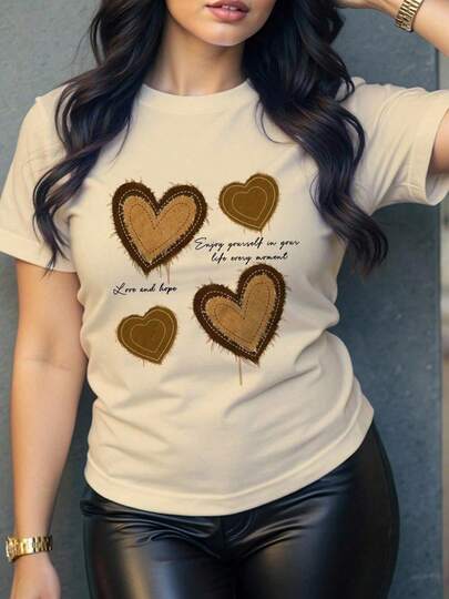 Camiseta playera blusa gráfica estampada mujer dama básica manga corta cuello redondo estampado corazón letras happy Valentines day corazones san valentín día del amor  primavera verano uso diario día noche casual corte regular cómoda fresca ligera moderna juvenil