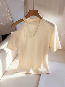 Franclia Women's Casual And Elegant White Slim-Fit Asymmetrical Shoulder Round Neck Short-Sleeved T-Shirt, Ribbed Knit Top, Lightweight And Breathable Summer Shirt, Summer Top, Women's Valentine's Day Outfit, Party Top, Women's Elegant Outfit, White Topgraduation Season Attire, Fashionable Casual Commuter Wear, Business Office Wear, Versatile And Stylish Everyday Casual Wear, Urban Teacher's Professional Attire - Apricot - View 1