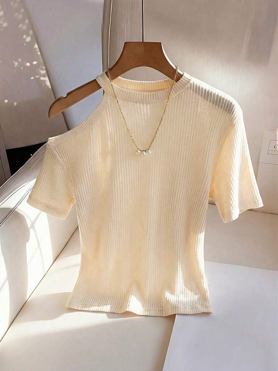 Franclia Women's Casual And Elegant White Slim-Fit Asymmetrical Shoulder Round Neck Short-Sleeved T-Shirt, Ribbed Knit Top, Lightweight And Breathable Summer Shirt, Summer Top, Women's Valentine's Day Outfit, Party Top, Women's Elegant Outfit, White Topgraduation Season Attire, Fashionable Casual Commuter Wear, Business Office Wear, Versatile And Stylish Everyday Casual Wear, Urban Teacher's Professional Attire - Apricot - View 1