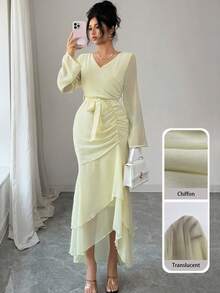 Modelyn Yellow Chiffon Mermaid Hem Dress - Light Yellow - View 5