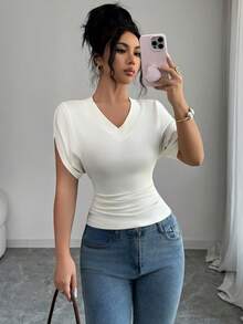 Elenzga Summer Knit Short Sleeve T-Shirt, New Casual Chic Style Top - Apricot - View 1