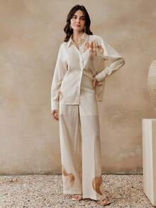 Anewsta 春夏沙滩套装，低饱和度扎染简约印花杏色长袖上衣和裤子两件套，休闲度假 - 杏色 - 查看 3