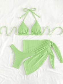 Swim Mod Solid Color Halter Tie Front Bikini Set With Tie Waist Skirt - Green - View 3