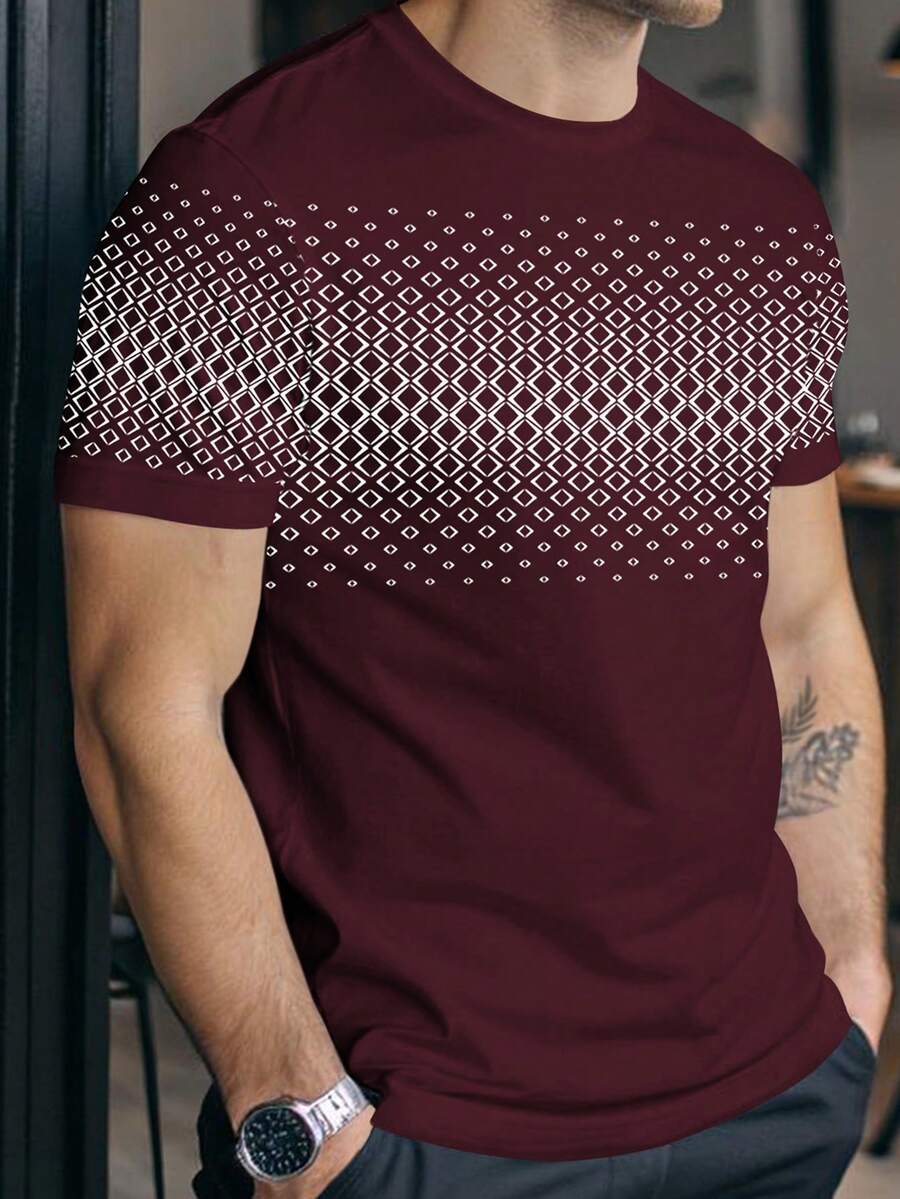 Manfinity Homme 男士印花圆领休闲百搭短袖T恤 - 酒紅色 - 查看 1