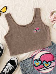 INAWLY Women's Embroidered Pattern Cropped Casual Versatile Everyday Wear Top - Khaki - View 1