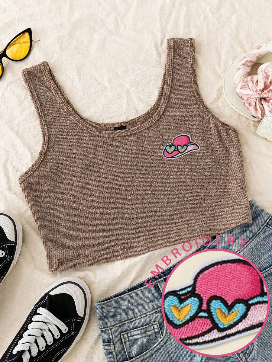 INAWLY Women's Embroidered Pattern Cropped Casual Versatile Everyday Wear Top - Khaki - View 1