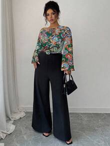 SHEIN Elenzya Bộ jumpsuit nữ cỡ lớn in họa tiết Paisley cổ điển, trễ vai, phối màu tương phản, ống rộng, phong cách thường ngày thanh lịch, phù hợp cho tiệc tùng, đi làm, bộ sưu tập xuân/hè mới về. - Nhiều màu - Xem 5