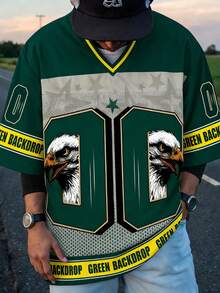 Aesthetic Post Men's Casual Fashion Street Eagle Letter Star Print Contrast Color Short Sleeve T-Shirt, Summer - Multicolor - View 1