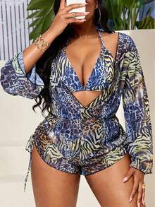 Slaydiva Ensemble de maillot de bain 3 pièces pour femmes grandes tailles : Top de bikini à col ras-du-cou imprimé léopard avec bonnets triangulaires et bretelles nouées, assorti à un bas triangle et une cache-maillot en maille à manches longues avec cordon de serrage - Multicolore - Voir 6