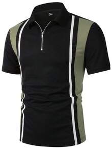 Manfinity Homme 男士撞色半拉链休闲百搭短袖Polo衫，夏季男士穿搭，男士夏季时尚 - 彩色 - 查看 6