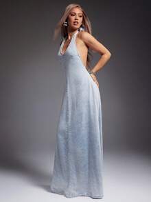 Denimoi 女士休闲水洗露背吊带牛仔连衣裙，夏季 - 淺藍色 - 查看 1