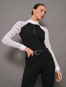 Activina Women's Lace Patchwork Stand Collar Casual Versatile Equestrian Riding Long Sleeve Top - Black and White - View 6