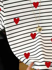 Tween Girl Casual Fashionable Classic Striped & Heart Print Contrast Trim Crew Neck Short Sleeve T-Shirt, Summer - Multicolor - View 4