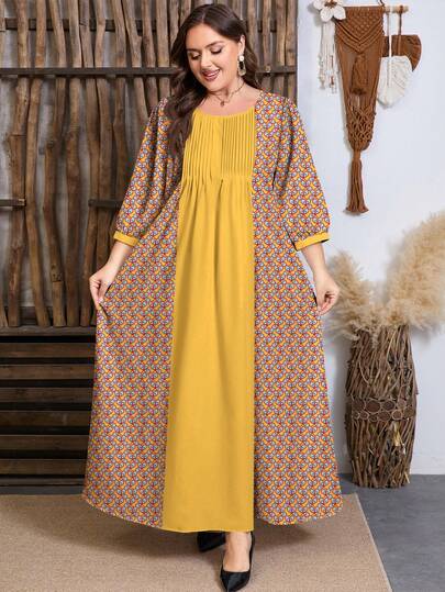 SHEIN Najma 大码女式几何图案撞色印花圆领褶裥长袖收腰喇叭形连衣裙，春季