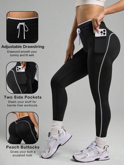 Dewbera Damsport Yoga Utomhus Fitness Midjeband Dragsko Kontrastfärgade Leggings