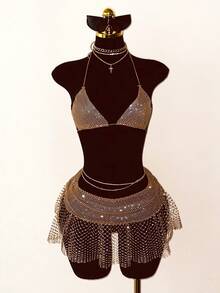 SHEIN Jeanoir Women's Sexy Mini Skirt, Fishnet Inlaid With Rhinestones, Shiny And Suitable For Party Outfits - Champagne - View 4