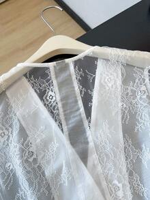 Franclia 女士轻薄蕾丝拼接深V领无袖外套，春夏款 - 白色 - 查看 7