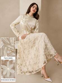 Graceveil 女士两件套：亮面长袖系带上衣和优雅喇叭网纱裙 - 杏色 - 查看 4