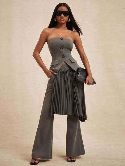 NYA SZN Nara Pant High Rise Pleasted Skirt Asymmetrical Hem Straight Leg Layers Grey Winter Spring Business Casual Streetwear Grunge Y2K Streetwear Cool Girl Statement Dressing Maximalist Gyaru Western Fashion Carnival Outfits For Women