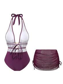 Bonvoyette 性感露背系带网纱连体泳衣，显瘦设计，热门单品，春夏款 - 中紫紅色 - 查看 7