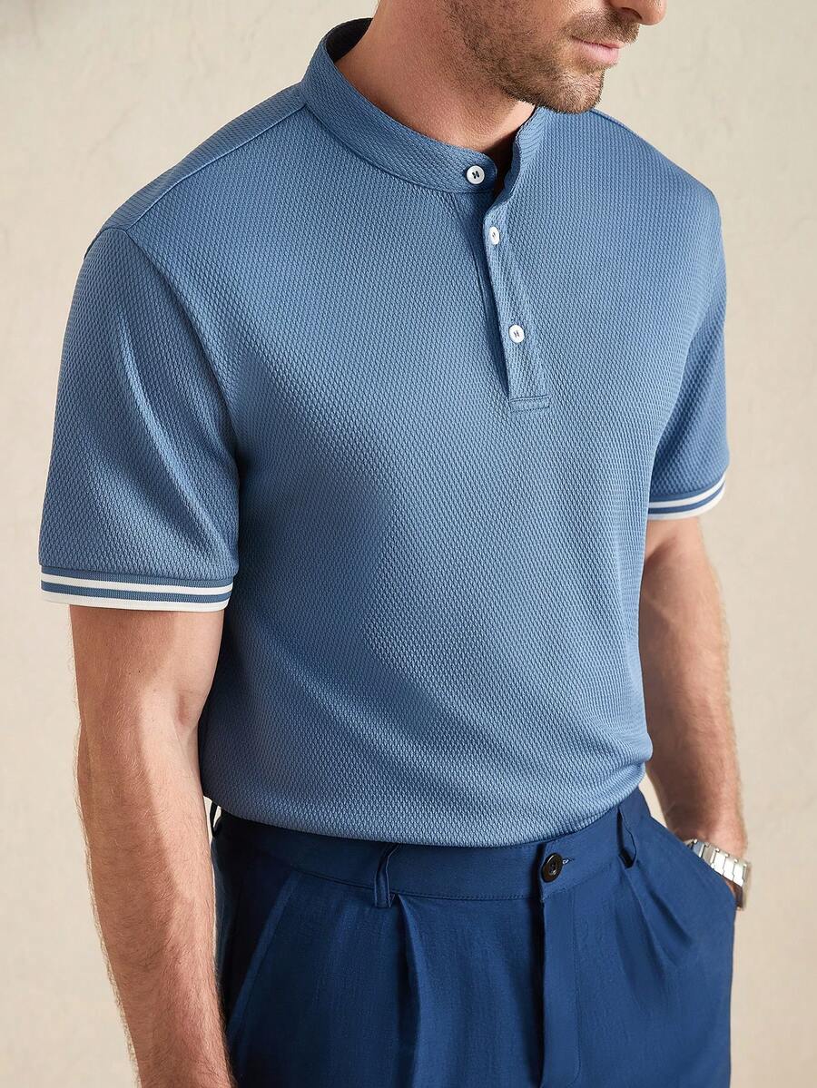 Core Aspect 男士条纹短袖休闲通勤 Polo 衫 - 霧霾藍 - 查看 1