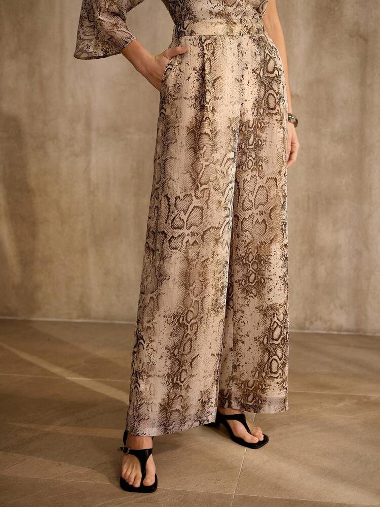 LIGHTWEIGHT CHIFFON WIDE LEG PANTS WITH FAUX SNAKE SKIN PRINT, ANIMAL PRINT, VINTAGE STYLE